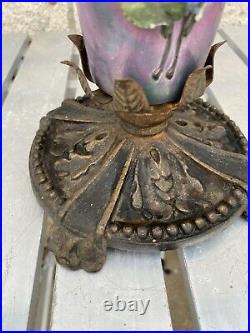 Ex Fine Spanish Revival Cast Iron Lamp Crest Porcelain Floral 4 Art Glass Shades