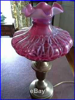 Fenton Art Glass Cranberry Opalescent Shade Table Lamp, Brass Base. Very Nice
