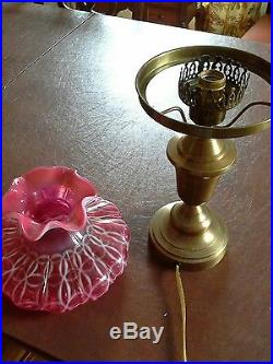 Fenton Art Glass Cranberry Opalescent Shade Table Lamp, Brass Base. Very Nice