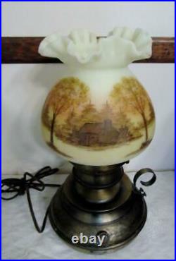 FENTON CABIN in the WOODS Hammered Colonial LAMP Pt'd by D Frederick NICE