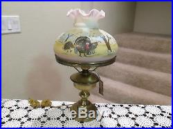 FENTON LAMP HAND PAINTED WITH A LOG CABIN OOAK BY MARILYN WAGNER NO RESERVE