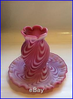 FENTON RARE CRANBERRY ROSE SATIN SWIRLED FEATHER FAIRY LAMP WITH CANDLE HOLDER