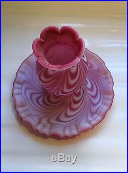 FENTON RARE CRANBERRY ROSE SATIN SWIRLED FEATHER FAIRY LAMP WITH CANDLE HOLDER