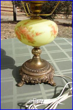 Fenton Art Glass Hand Painted Burmese GWTW Hurricane Lamp Pink Roses T Budine