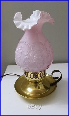 Fenton Art Glass Pink Overlay Wild Rose and Bowknot Lamp Cased