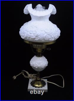 Fenton Art Glass White Milk Glass Poppy Student Lamp With Marble Base