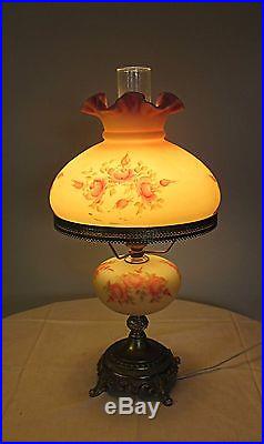 Fenton Art Glass hand painted Burmese GWTW hurricane lamp pink roses M Reynolds