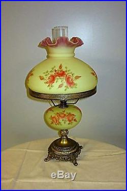 Fenton Art Glass hand painted Burmese GWTW hurricane lamp pink roses M Reynolds