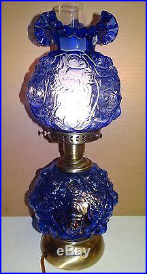 Fenton Cobalt Blue Cabbage Puffy Rose GWTW Art Glass Vtg Electric Table Lamp