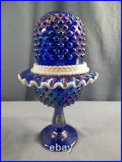 Fenton Cobalt Blue Carnival Glass Hobnail Snow Crest 3 Piece Footed Fairy Lamp