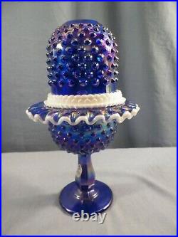 Fenton Cobalt Blue Carnival Glass Hobnail Snow Crest 3 Piece Footed Fairy Lamp