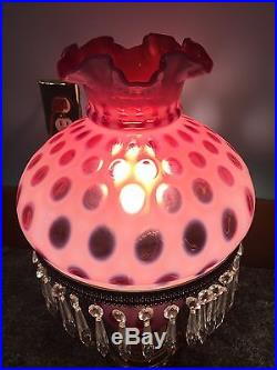 Fenton Coin Dot Cranberry Opalescent Table Lamp With Prisms