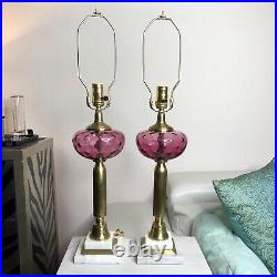 Fenton Cranberry Dot Optic Glass Table Lamp Pair Brass Marble 27 Thumbprint Vtg
