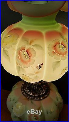 Fenton GWTW lamp rose nectar on lotus mist burmese