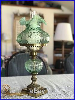 Fenton Green Student Lamp Opalescent And Embossed Roses