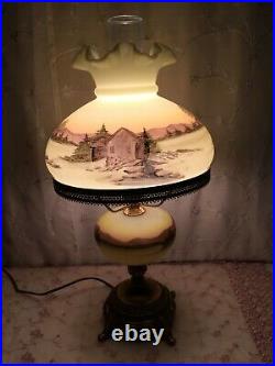 Fenton Hand Painted Grist Mill Lamp on Satin Custard
