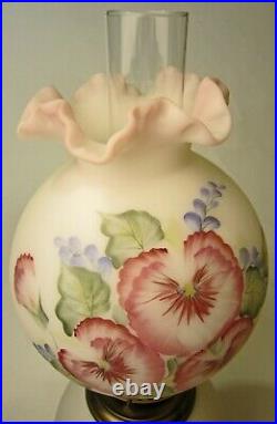 Fenton Hand Painted Pansy Flowers GTW Gone with the Wind Lamp #2791 White Satin
