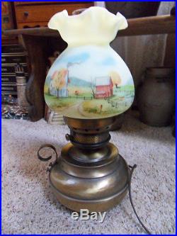 Fenton Hand Painted THE FARM 1985 16 Hammered Colonial Lamp Dane Fredrick