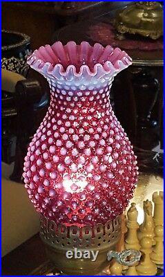 Fenton Hobnail Glass Lamp Cranberry Opalescent Chimney & Font Brass Base 16.5