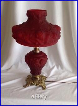 Fenton LG Wright Puffy Rose Lamp Cranberry Glass