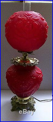 Fenton L. G. Wright Ruby Satin Embossed Orchid GWTW 30 Parlor Lamp