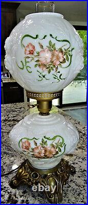 Fenton Puffy Rose GWTW Hand Painted Art Glass Parlor Table Lamp Vtg MCM