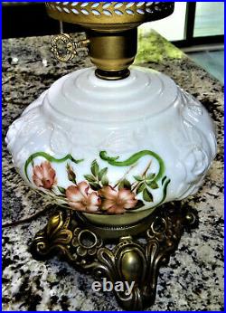 Fenton Puffy Rose GWTW Hand Painted Art Glass Parlor Table Lamp Vtg MCM
