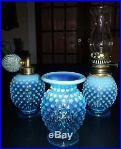 Fenton Rare Blue Opalescent perfume bottles & miniature oil lamp 3 PC. S OldRare