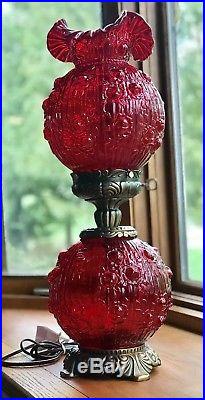 Fenton Ruby Red Lamp Gone With The Wind Cabbage Rose Pattern