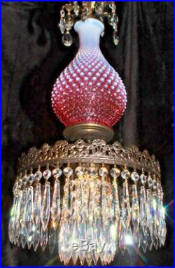 Fenton SWAG Bedroom Cranberry hobnail art Glass Crystal Lamp Chandelier Vintage