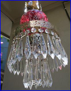 Fenton SWAG Cranberry Daisy Fern Glass Crystal Lamp Chandelier Vintage opalescen