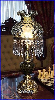 Fenton Student Lamp Green Coin Dot Antique Brass w Prisms Tall Excellent Cond