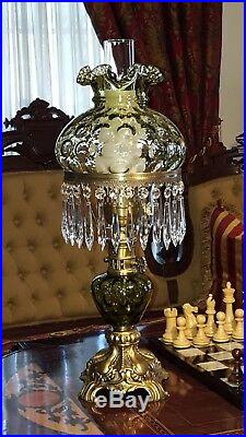 Fenton Student Lamp Green Coin Dot Antique Brass w Prisms Tall Excellent Cond
