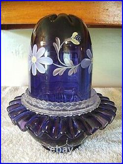 Fenton (h/p) With Flowers Signed By The Artist 3 Pc Purple Fairy Lamp