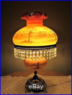 Fenton hand painted Burmese GWTW hurricane lamp handpainted Louise Piper 1972 #5