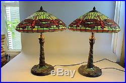 Fine Pair TIFFANY STYLE Art Nouveau Stained Glass Dragonfly Lamps Contemporary