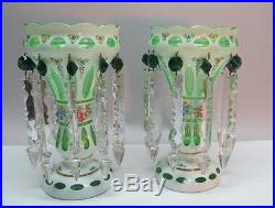 Fine Pair of ANTIQUE BOHEMIAN LUSTRES White over Green c. 1930 Signed Exc Cd