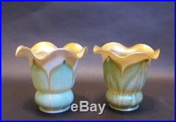 Fine Pair of SIGNED QUEZAL Green & Gold Art Glass Shades c. 1910s antique