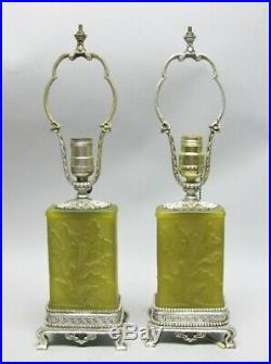 Fine Pair of STEUBEN YELLOW JADE Acid-Cut-Back Lamps c. 1920s antique art glass