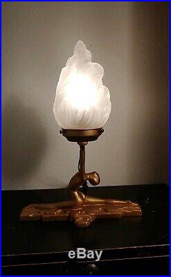 Frankart Art Deco Golden Split Girl Lamp With French Flame Glass Shade