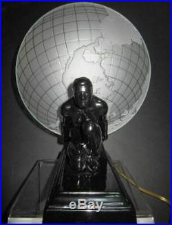 Frankart Sarsaparila art deco Atlas withthe glass earth shade black lamp USA made