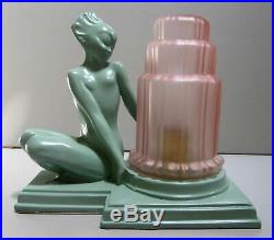 Frankart art deco fish face nymph table lamp greenie metal and glass USA