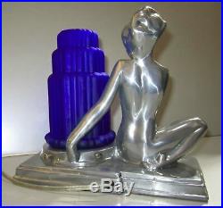 Frankart art deco fish face nymph table lamp polished aluminum and glass USA