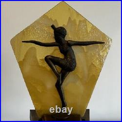 Frankart era Art Deco Lamp Patinated Metal Female Dancer & Stained Glass