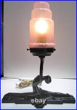Frankart style NuArt Art Deco nymph lamp doing a split BLACK metal and glass USA