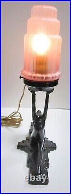 Frankart style NuArt Art Deco nymph lamp doing a split BLACK metal and glass USA