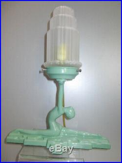Frankart style NuArt art deco nymph lamp doing a split green metal and glass USA