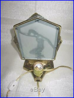 Frankart style flapper nymph art deco brass lamp with glass shade and wired USA