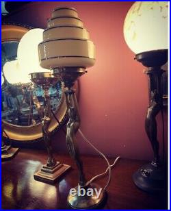 French Art Deco Gold Diana Lamp with Empire Skyscraper Glass Shade