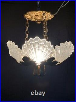 French Art Deco Nouveau Shell Frosted Glass Slip Shade Chandelier Lalique Style